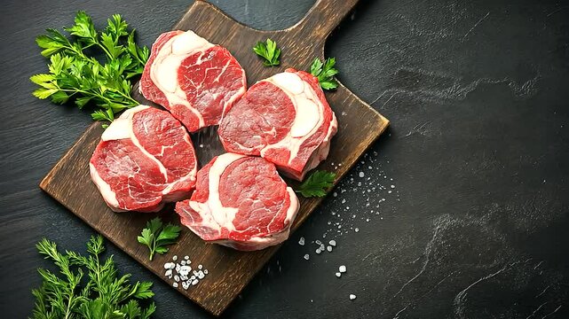 A top-down view of fresh, raw ossobuco beef shanks with rich marbling, beautifully arranged on a dark wooden board. The bone marrow at the center glistens under soft lighting, surr