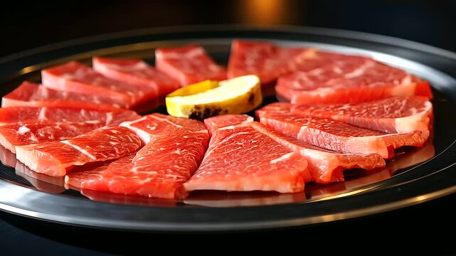 A close-up shot of thick ossobuco beef slices arranged in a circular pattern on a cold metal tray. The juicy red meat, visible connective tissue, and central bone give a rich, mout