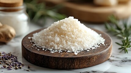 A small pile of delicate textured flaked salt resting on a smooth monochrome marble surface in a minimalist serene composition with plenty of clean elegant space for copy or text overlay