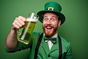 Bearded Man Dressed as Leprechaun Enjoys Beer in Green Attire