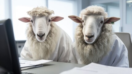Obraz premium Anthropomorphic sheep working at a laptop in an office. Human characters through animals. Creative idea. An amusing humorous comparison. Illustration for cover, card, interior design, decor or print.