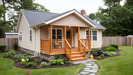 Cozy wooden house with a front porch in a landscaped yard, perfect for peaceful residential living and sustainable home design.