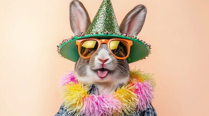 Rabbit wearing a green hat and sunglasses is posing for a picture. The rabbit is wearing a yellow and pink lei and has a tongue sticking out. The image has a fun and playful mood