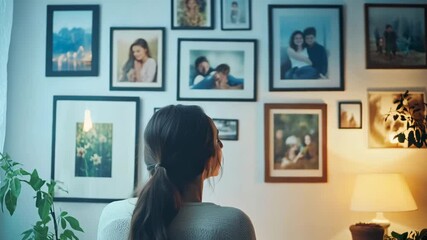 A woman with her hair tied back stands in a softly lit room, gazing at a gallery wall filled with framed family photos and nature images. The warm, inviting atmosphere, complemented by indoor plants 
