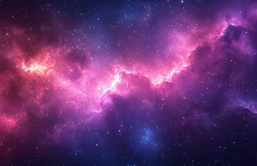 Naklejka premium Ethereal Cosmic Scene with Vibrant Pink and Purple Nebula Surrounded by Bright Stars in Deep Space Environment
