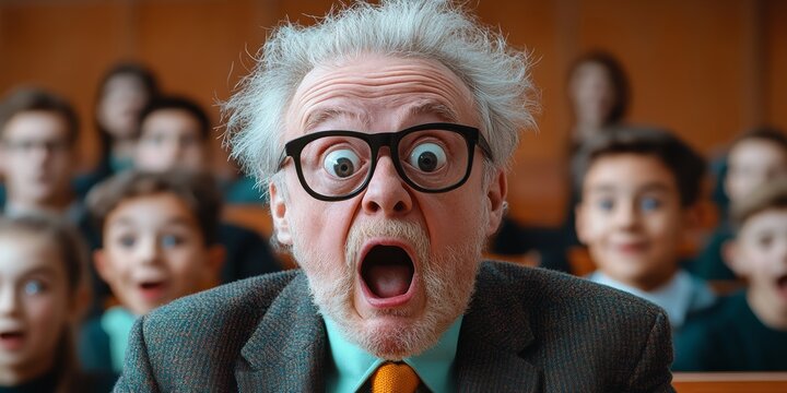 Man with glasses and a beard is in a classroom with a group of children. He is making a funny face and the children are laughing