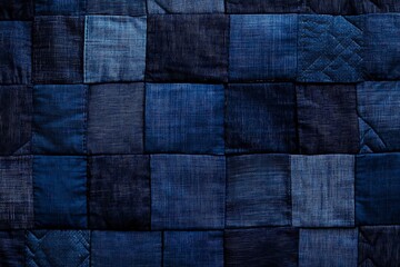 Quilted fabric. Background blue cloth sewn into the cell, stitching. Texture of the blanket, blue textile