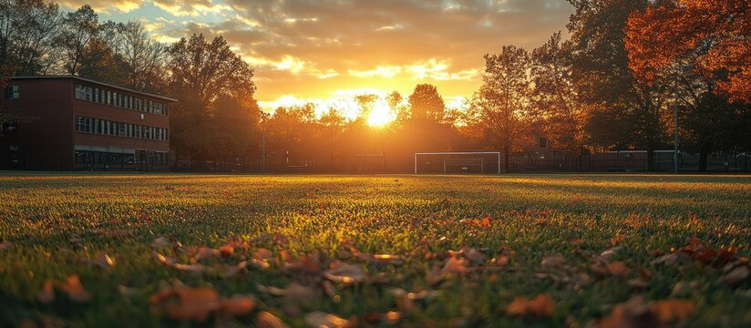 Autumn sunset over a schoolyard field.
