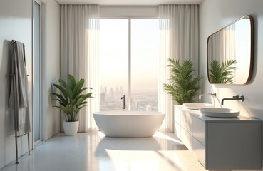 Bright white modern bathroom interior with city view through the window. Bathtub and wash basin with mirror. Green plants bring freshness to the room. Minimalist apartment design.