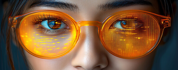 Closeup of a womans eyes reflected in futuristic orange glasses displaying glowing data streams.  Represents digital connection, technology, and the future.