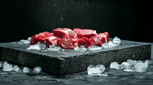 Multiple ossobuco beef cuts arranged on a dark, moody surface, with dramatic lighting emphasizing the deep red hues of the meat and the creamy