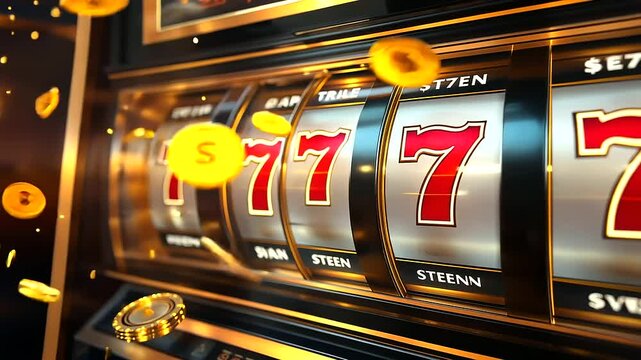 A digital D artwork of a casino slot machine background featuring the iconic  symbols in bright gold, illuminated by dazzling lights and radiant bursts of color, with soft flar