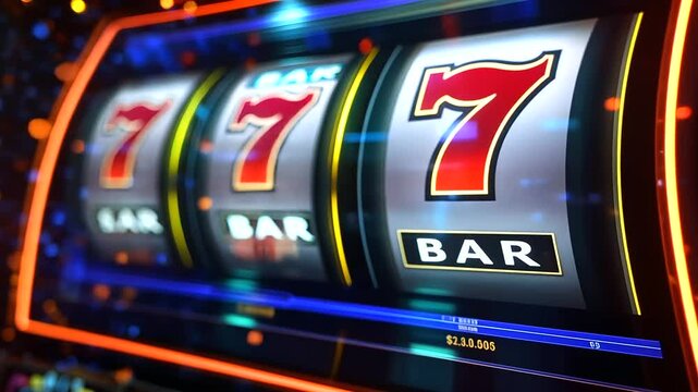 A dynamic, glowing slot machine screen, with large golden  symbols, sparkles, and shimmering casino bar icons. The background pulses with neon blues, reds, and purples, capturin