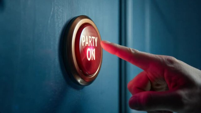 Finger pressing a red "PARTY ON" button