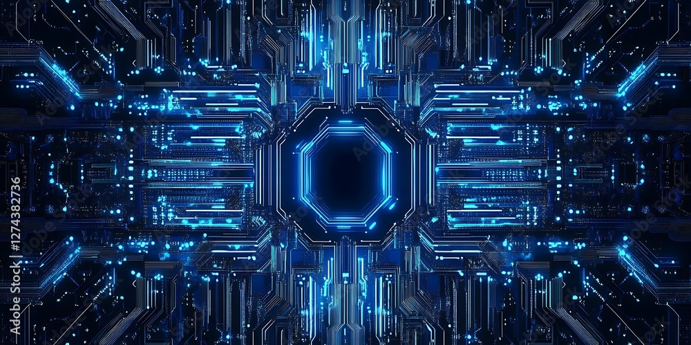 Poster futuristic circuit board background with intricate neon blue patterns and designs. circuit board wit