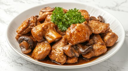 Stir-fried curry powder chicken with mushrooms, no background 