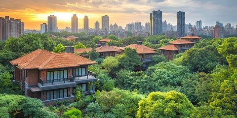 Sunset view of modern residences nestled within lush greenery in an urban setting