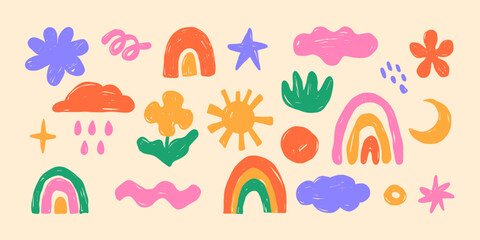 Set of bright hand-drawn children's drawings with rainbows, clouds, colours