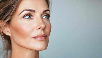 Fototapeta premium Stunning Middle-Aged Woman With Radiant Skin In Cropped Studio Portrait - Focus On Fashion, Beauty, Spa, Cosmetology, And Skin Care.