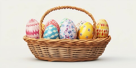 Colorful decorative eggs in a wicker basket for festive celebrations during springtime festivities