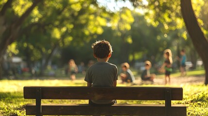 A Solitary Child Sitting on a Park Bench While Others Play Joyfully Around