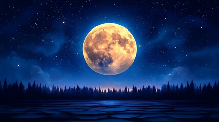 Fototapeta premium A mesmerizing moonscape featuring a golden orb illuminating the tranquil forest