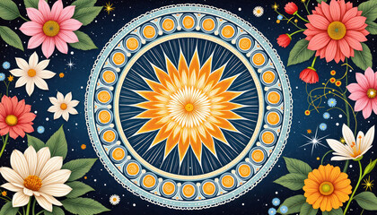 Vibrant mandala design featuring a sun motif surrounded by colorful flowers on a dark background