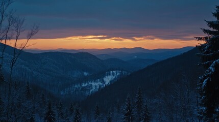 Obraz premium Winter Sunset Over Snowy Mountain Ranges