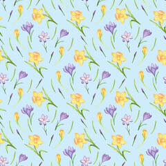 Seamless pattern of spring flowers and leaves. Watercolor daffodils and crocuses. Hand painted, isolated on white background.