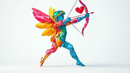 Obraz premium Colorful geometric fairy figure holding a bow and arrow ready to inspire love.