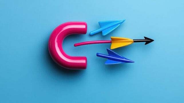 A pink magnet with three arrows pointing in different directions. The magnet is broken in half, with the arrows pointing to the left and right. Concept of movement and direction - Powered by Adobe