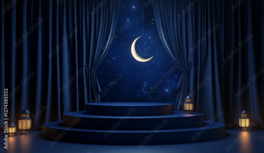 Wall mural Ramadan stage decoration with moon backdrop for presentations, greetings, ads