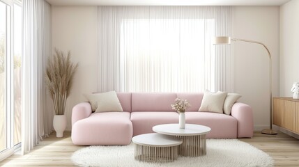 Obraz premium A cozy Scandinavian living room with a large pastel pink sofa, soft beige walls, wooden flooring, and a fluffy white rug, natural light streaming through