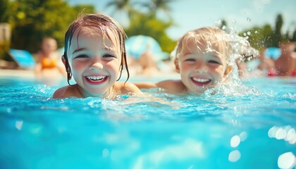 Children Enjoy Fun And Learn To Swim At Outdoor Pool Of Tropical Resort During Family Summer Vacation, Offering Sun Protection.