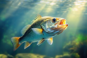 Captivating largemouth bass swimming gracefully in sunlit fresh water habitat with open mouth and scales reflecting light creating a serene underwater scene