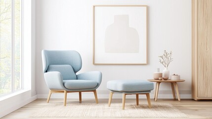 Fototapeta premium A Scandinavian living room with a pastel blue armchair and matching ottoman, a soft beige rug, a wooden coffee table, and minimalist wall art, large windows