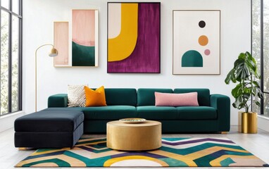 Modern eclectic living room with a jewel toned modular sofa, a vibrant geometric rug, brass accented decor, and oversized colorful abstract paintings.