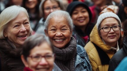 Fototapeta premium Smiling seniors enjoying community event, diverse elderly women together, happy faces, senior lifestyle, joy in aging, friendship, and connection.