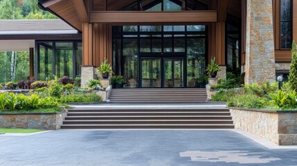 Fototapeta premium The entrance of a luxurious mountain resort features inviting wooden architecture surrounded by vibrant greenery in tranquil natural light
