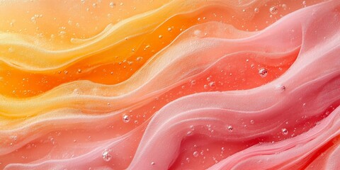 abstract fluid wavy shapes in shades of orange, yellow, and pink, creating a vibrant and colorful backdrop. The layers and textures of the fluid create a sense of movement and depth.