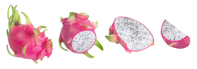 Collection or set of dragon fruits or pitahayas on isolated white background. Whole, slice or half