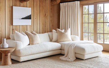 Fototapeta premium Rustic cozy living room featuring a plush boucle sectional in cream tones, reclaimed oak paneling, woven linen curtains, and soft wool pillows.