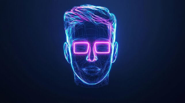 Futuristic digital portrait of a man with neon glasses and glowing features.