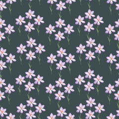 Seamless pattern of spring flowers and leaves. Watercolor crocuses. Hand painted, isolated 