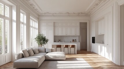 Elegant bright apartment interior showcasing a modern kitchen and comfortable living room with large windows and parquet flooring