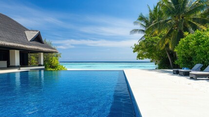 Fototapeta premium Stunning beachfront villa features an infinity pool merging with the peaceful ocean, surrounded by lush tropical greenery under clear blue skies