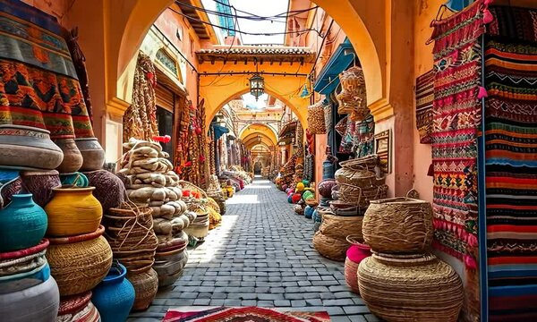 Old narrow street of the traditional Arabian Bazaar Market. Small shops are selling ceramics, carpets, spices fruits and souvenirs