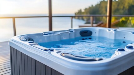 Obraz premium Relax in a private hot tub on a balcony overlooking the ocean, basking in the golden reflections of sunset
