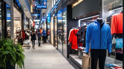 Fototapeta premium Elegant storefronts light up a luxury shopping street at night, featuring stylish pedestrians and a vibrant atmosphere