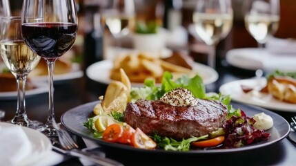 Enjoy a rich culinary experience with perfectly grilled wagyu steak, accompanied by fine wine and truffle butter, in an elegant steakhouse